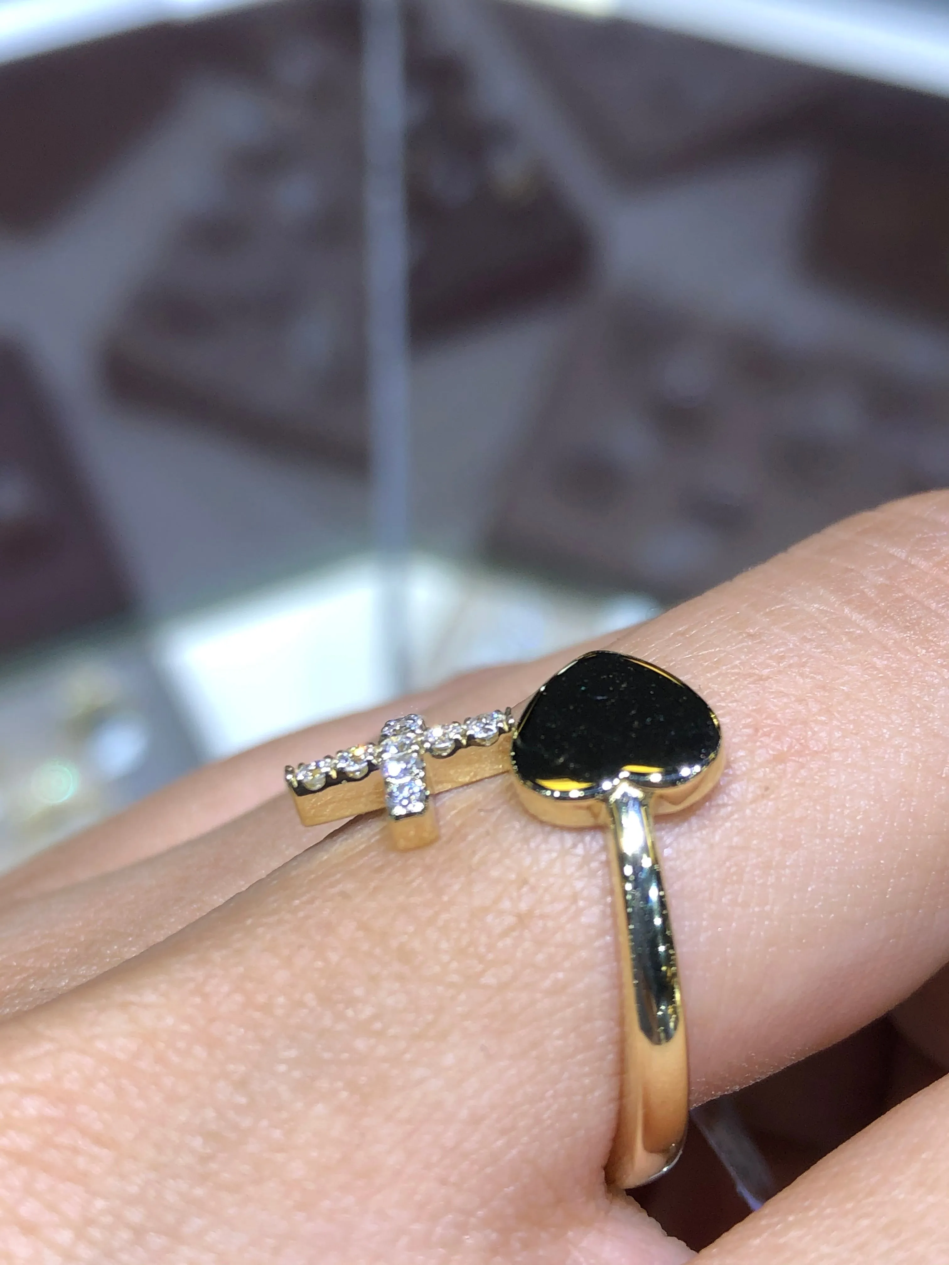 14K Gold Heart and Diamond Cross Ring