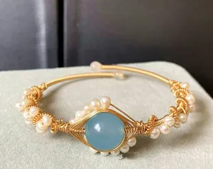 14K Gold Wrapped Handmade Bracelet Hailan Baohai Sapphire Natural White Pearl Bracelet