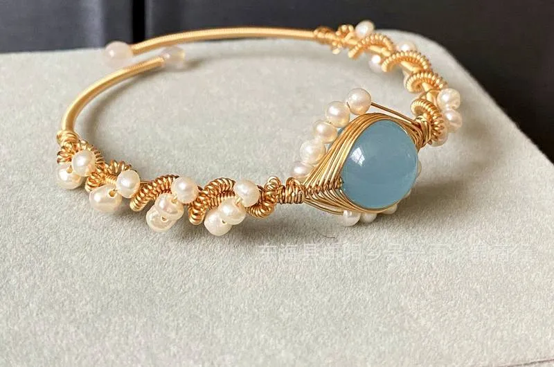 14K Gold Wrapped Handmade Bracelet Hailan Baohai Sapphire Natural White Pearl Bracelet