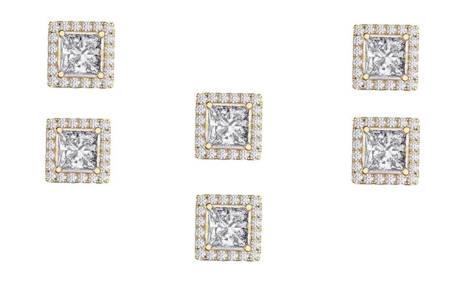 14k Yellow Gold Plated 1Ct Square Cut White Sapphire Set of Three Halo Stud Earrings