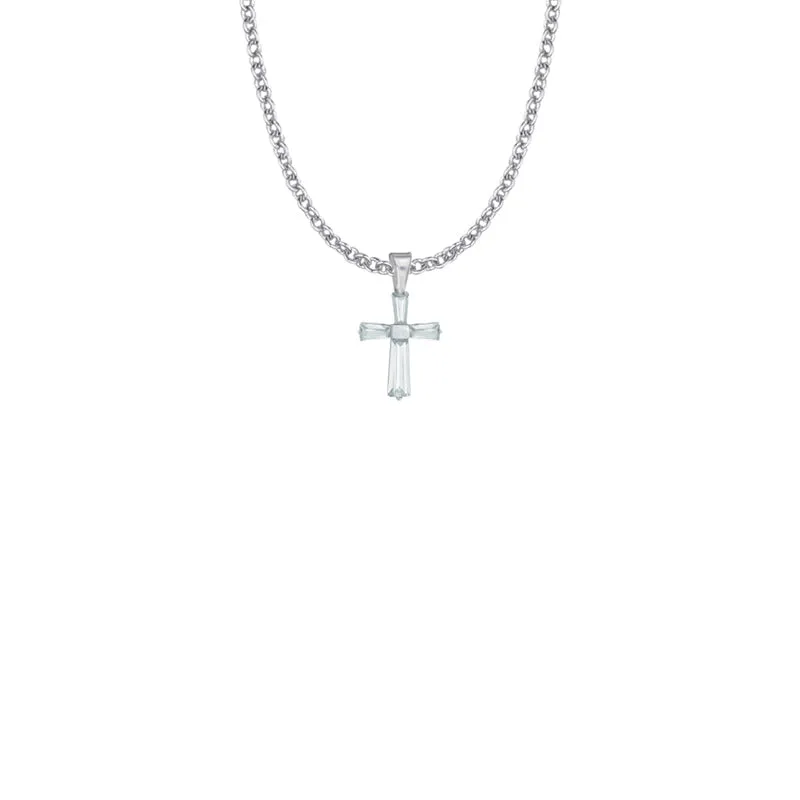 3/4 Inch Sterling Silver and Glass Crystal April Birthstone Baguette Cross Necklace