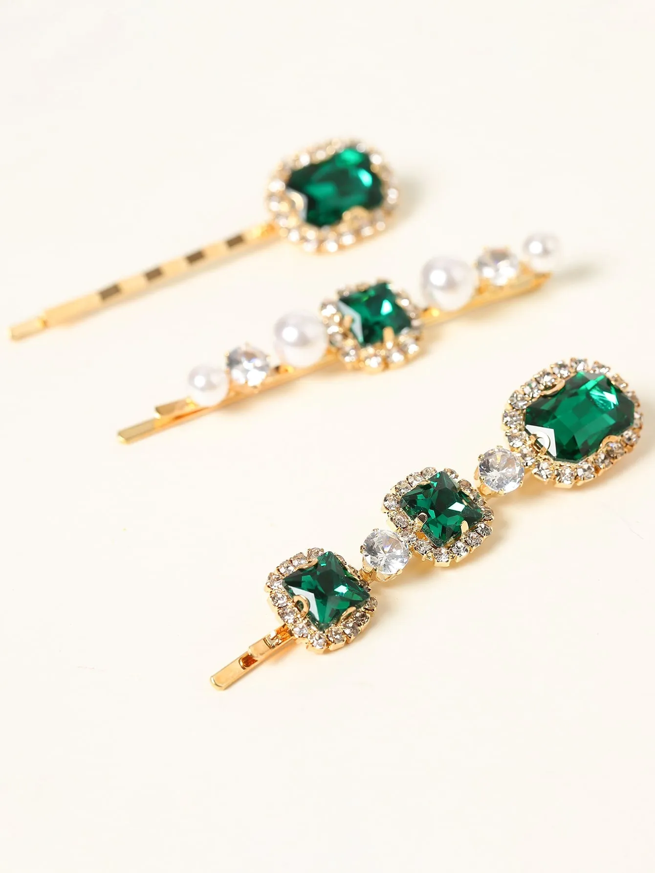 3pcs Green Gemstone Decor Hair Clip for Women Barrette Styling Hair Accessories