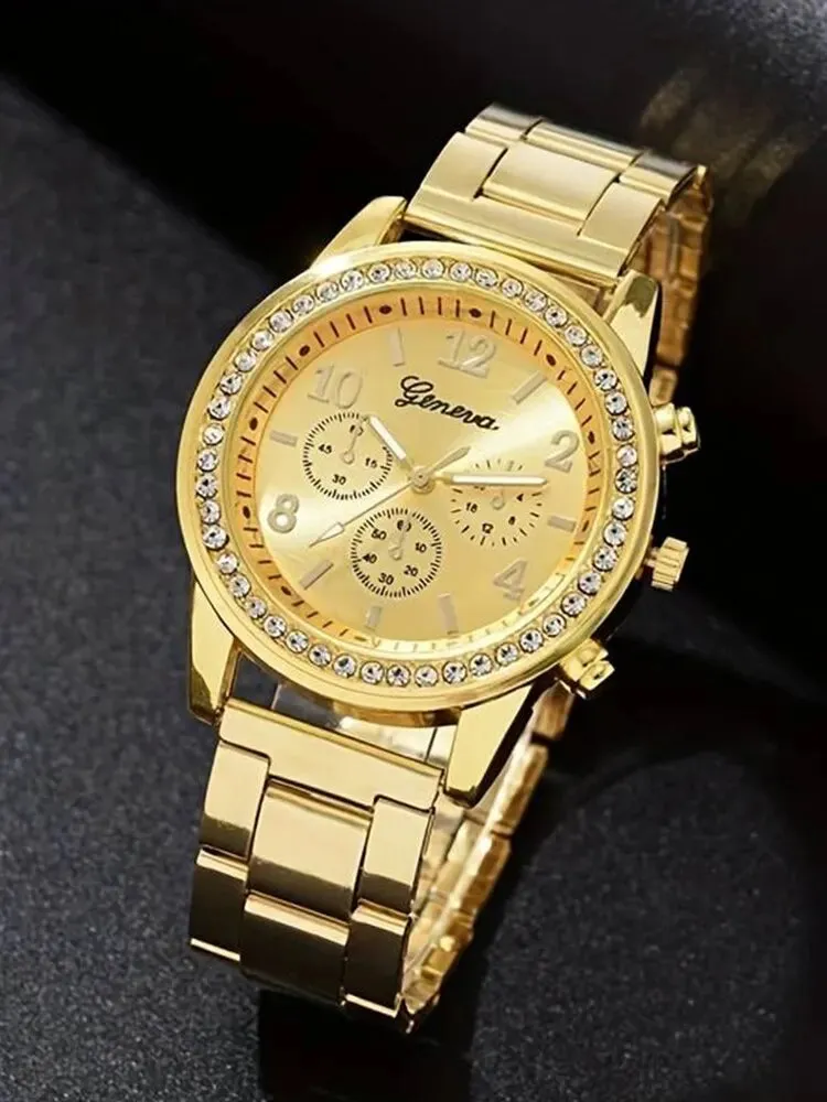 6 Pieces  WOMEN'S Gold Quartz Steel Band Watch necklace earrings ring brac