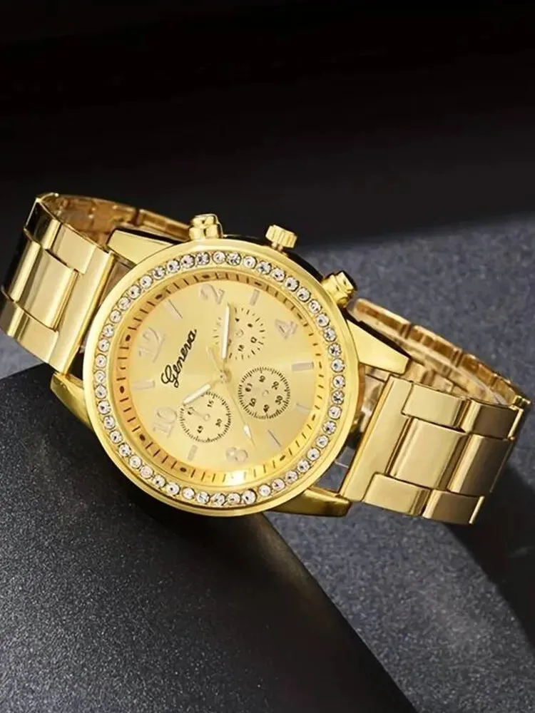 6 Pieces  WOMEN'S Gold Quartz Steel Band Watch necklace earrings ring brac