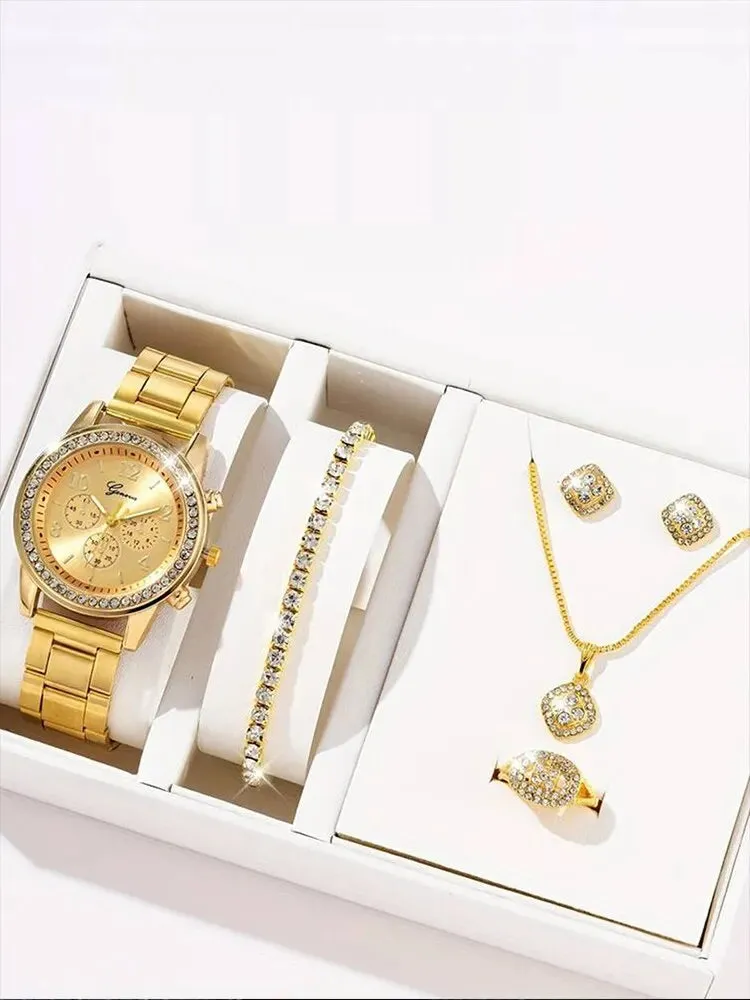 6 Pieces  WOMEN'S Gold Quartz Steel Band Watch necklace earrings ring brac