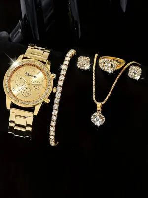 6 Pieces  WOMEN'S Gold Quartz Steel Band Watch necklace earrings ring brac