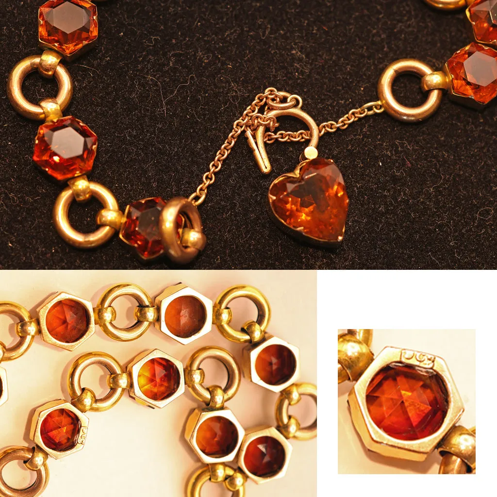 Antique Victorian bracelet gold citrines heart padlock clasp English (7505)