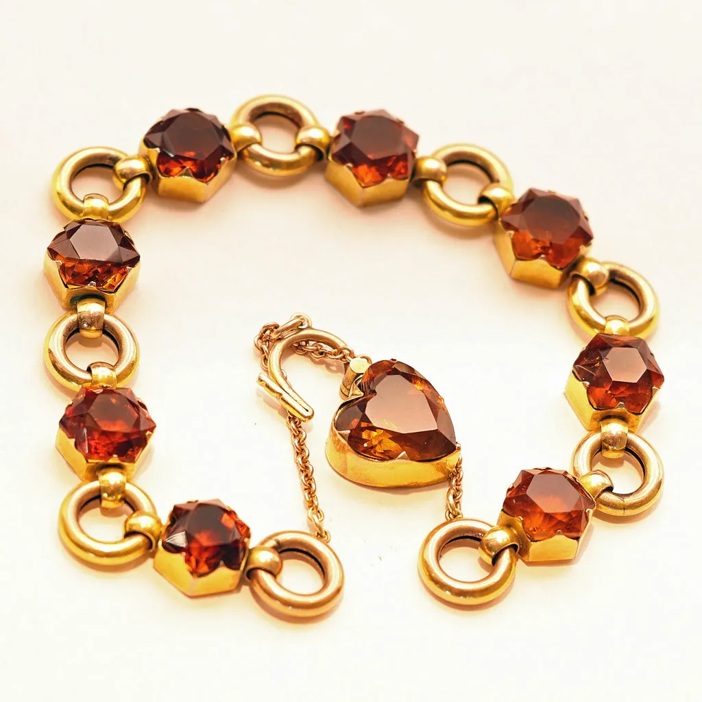 Antique Victorian bracelet gold citrines heart padlock clasp English (7505)