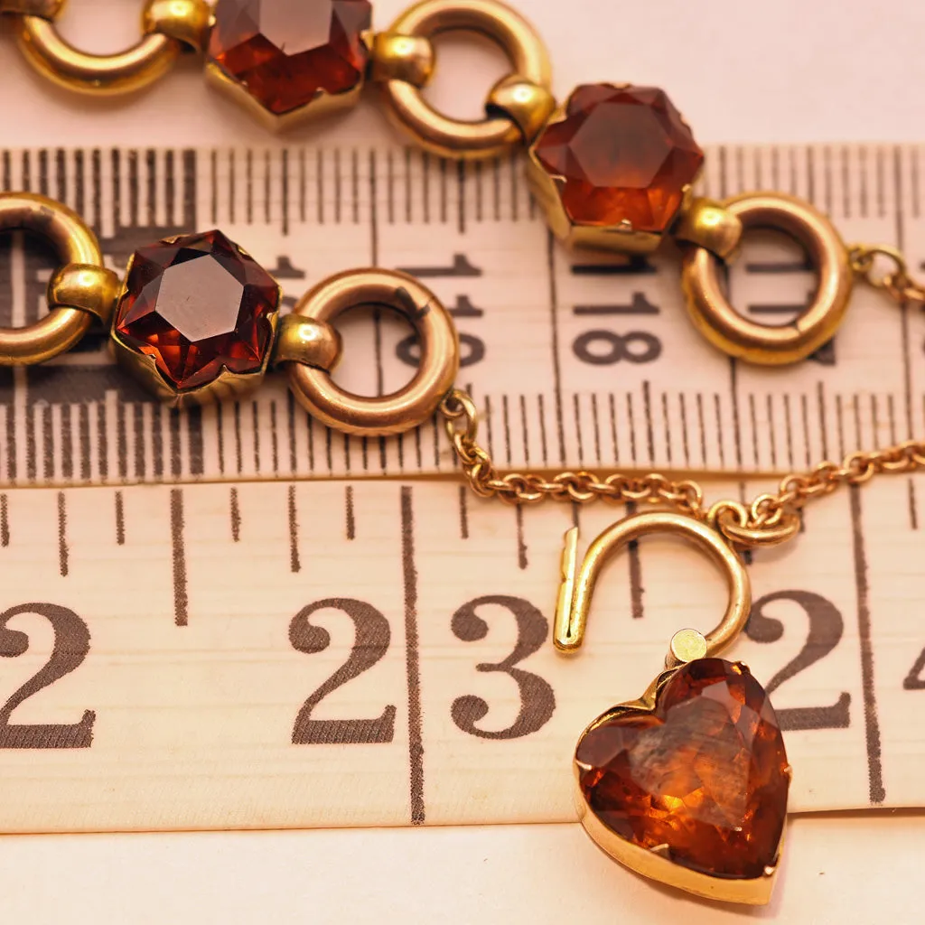 Antique Victorian bracelet gold citrines heart padlock clasp English (7505)