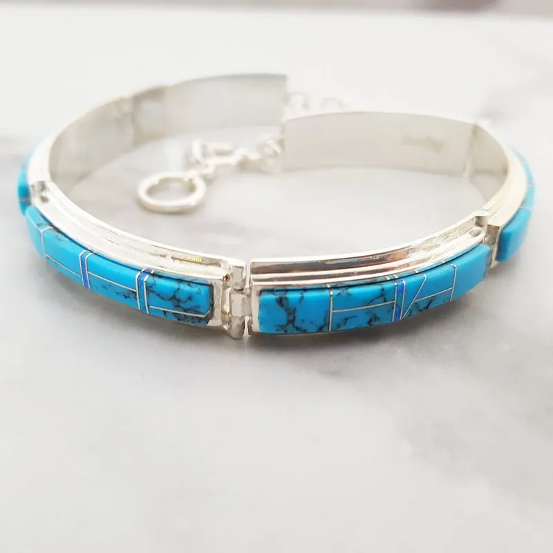 Arizona Turquoise and Inlaid Jewelry Elongated link Turquoise Bracelet