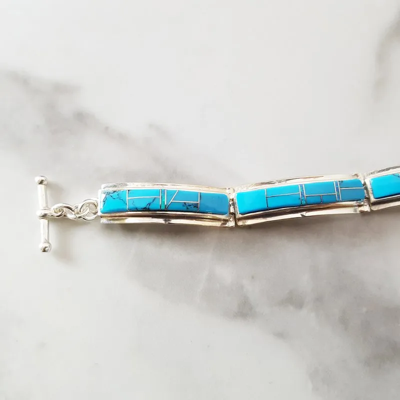 Arizona Turquoise and Inlaid Jewelry Elongated link Turquoise Bracelet