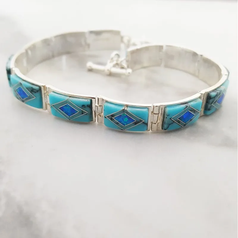 Arizona Turquoise and Inlaid Jewelry Geometric Link Bracelet