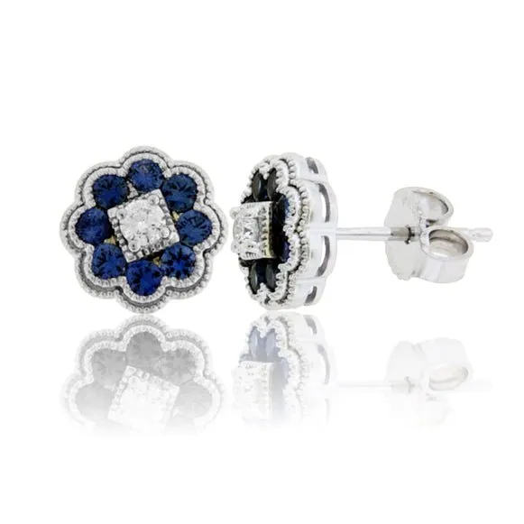 Blue Sapphire & Diamond Milgrain Halo Stud Earrings