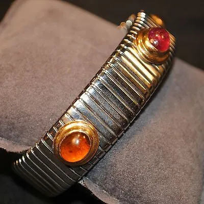 Bvlgari Tubogas Stainless Steel & 18K Yellow Gold Cuff Bracelet with Ruby, Citrine, Topaz - $20K VALUE