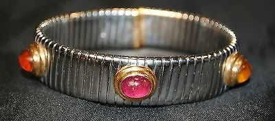 Bvlgari Tubogas Stainless Steel & 18K Yellow Gold Cuff Bracelet with Ruby, Citrine, Topaz - $20K VALUE
