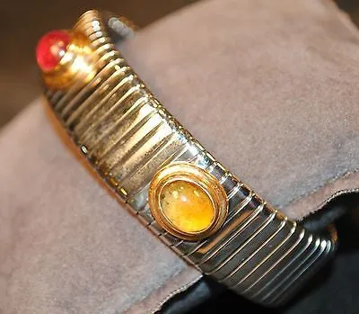 Bvlgari Tubogas Stainless Steel & 18K Yellow Gold Cuff Bracelet with Ruby, Citrine, Topaz - $20K VALUE