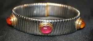Bvlgari Tubogas Stainless Steel & 18K Yellow Gold Cuff Bracelet with Ruby, Citrine, Topaz - $20K VALUE