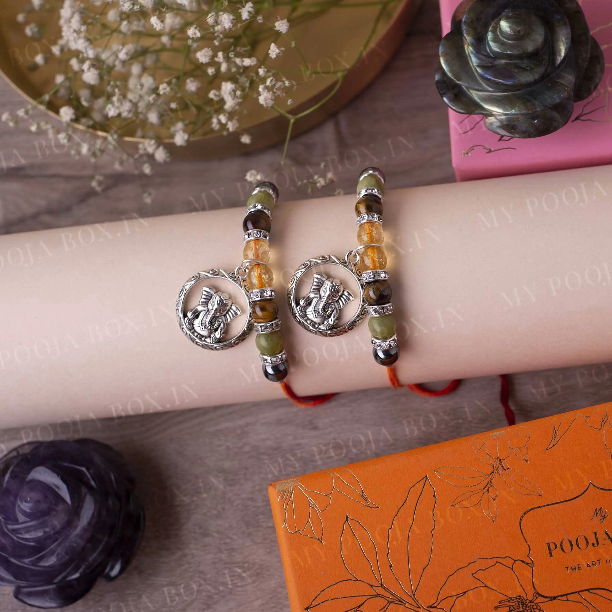 Citrine, Tiger's Eye, Jade & Ganpati Crystal Rakhi (Set of 2)