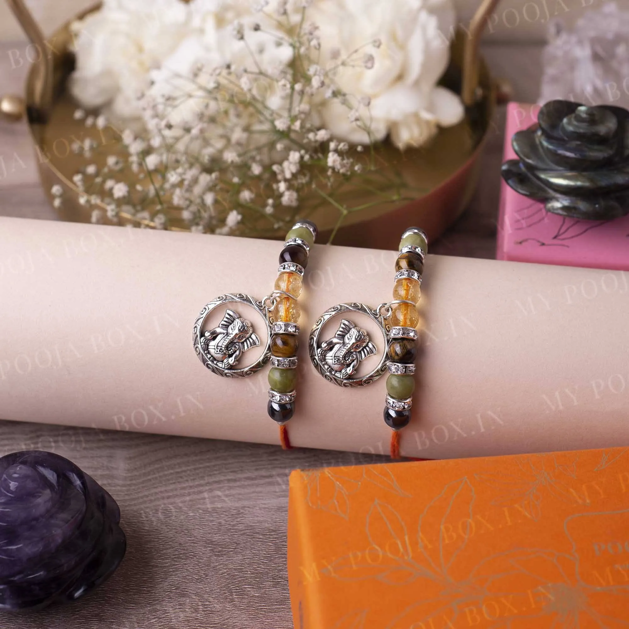 Citrine, Tiger's Eye, Jade & Ganpati Crystal Rakhi (Set of 2)