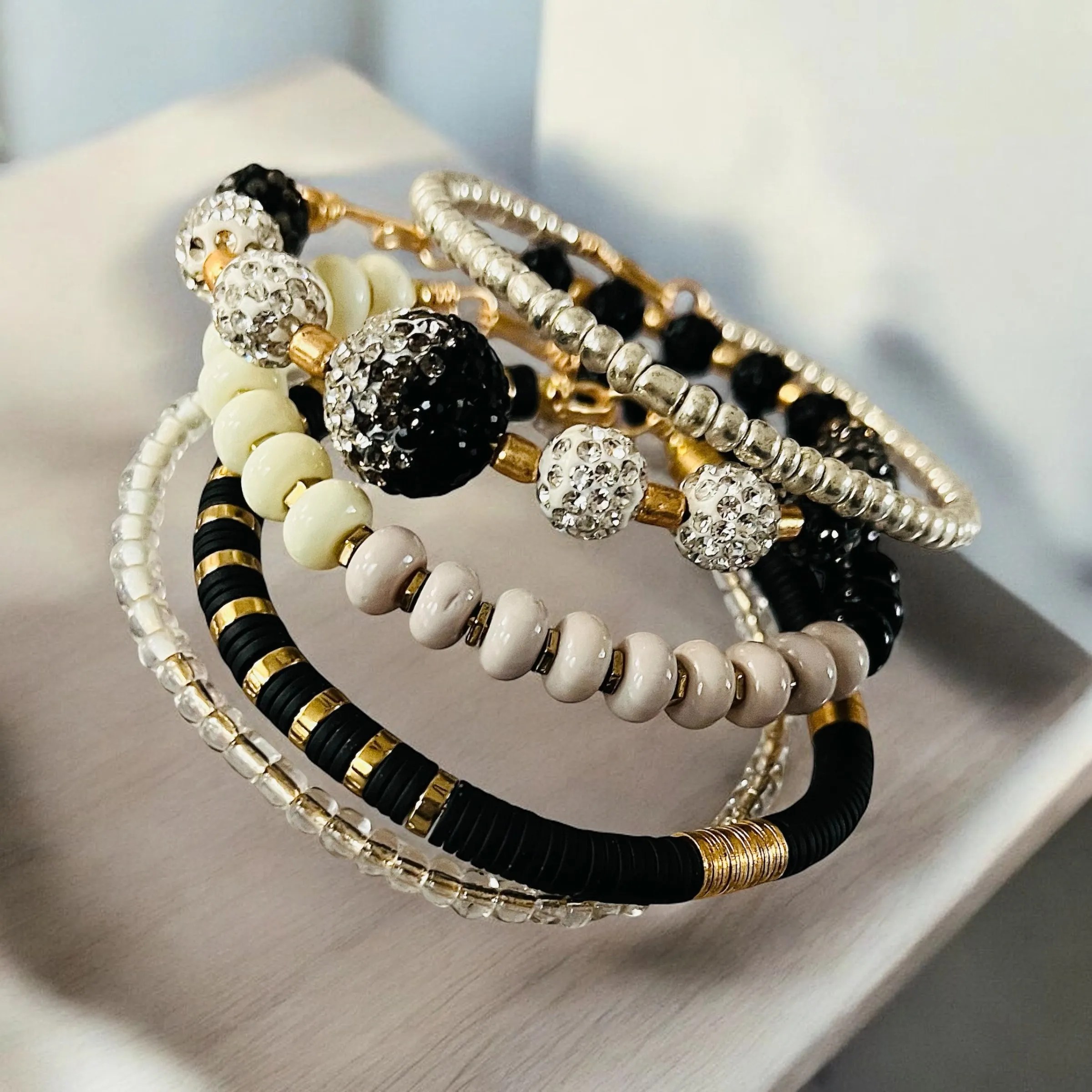 Cream White Black and Gold Bangle Stack Set