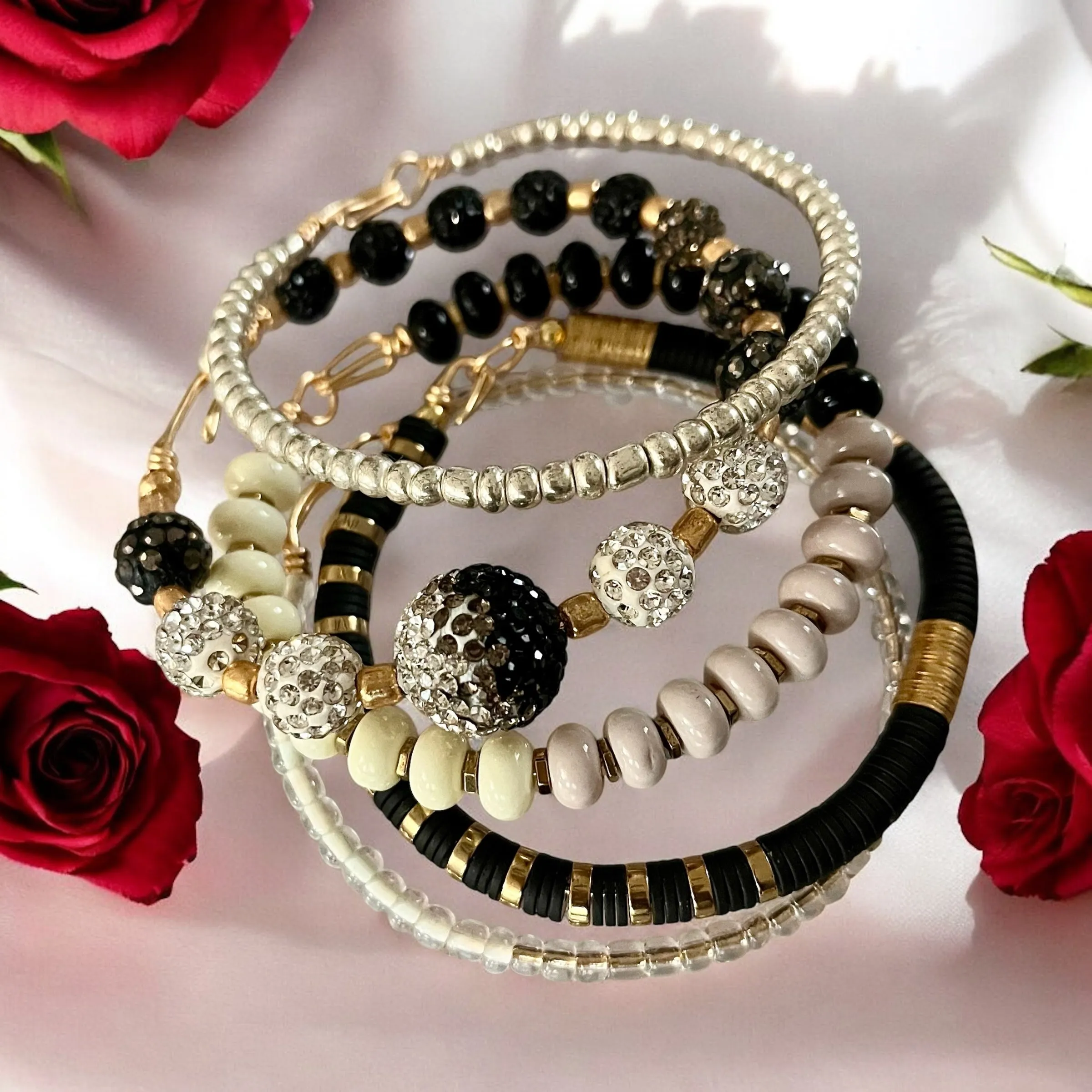 Cream White Black and Gold Bangle Stack Set