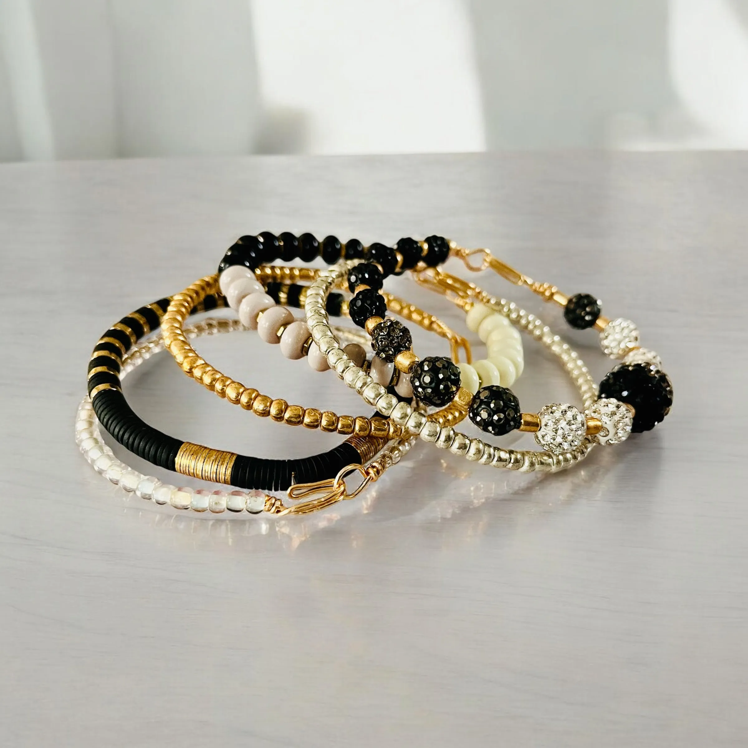 Cream White Black and Gold Bangle Stack Set