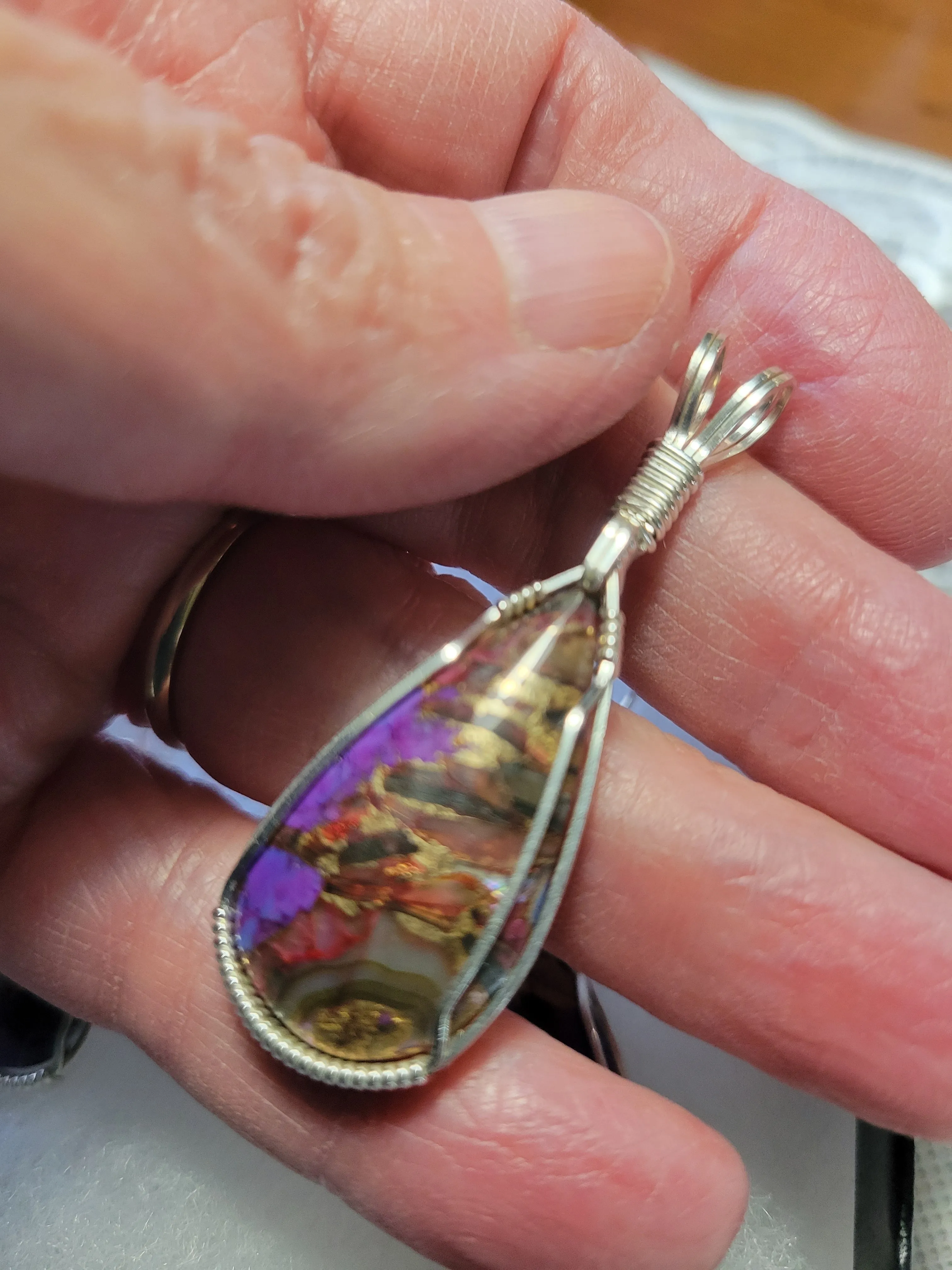 Custom Wire Wrapped Purple Mojave Turquoise Abalone Shell & Bronze Set: Earrings Necklace/Pendant Sterling Silver
