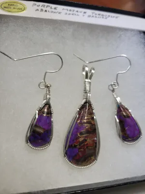 Custom Wire Wrapped Purple Mojave Turquoise Abalone Shell & Bronze Set: Earrings Necklace/Pendant Sterling Silver