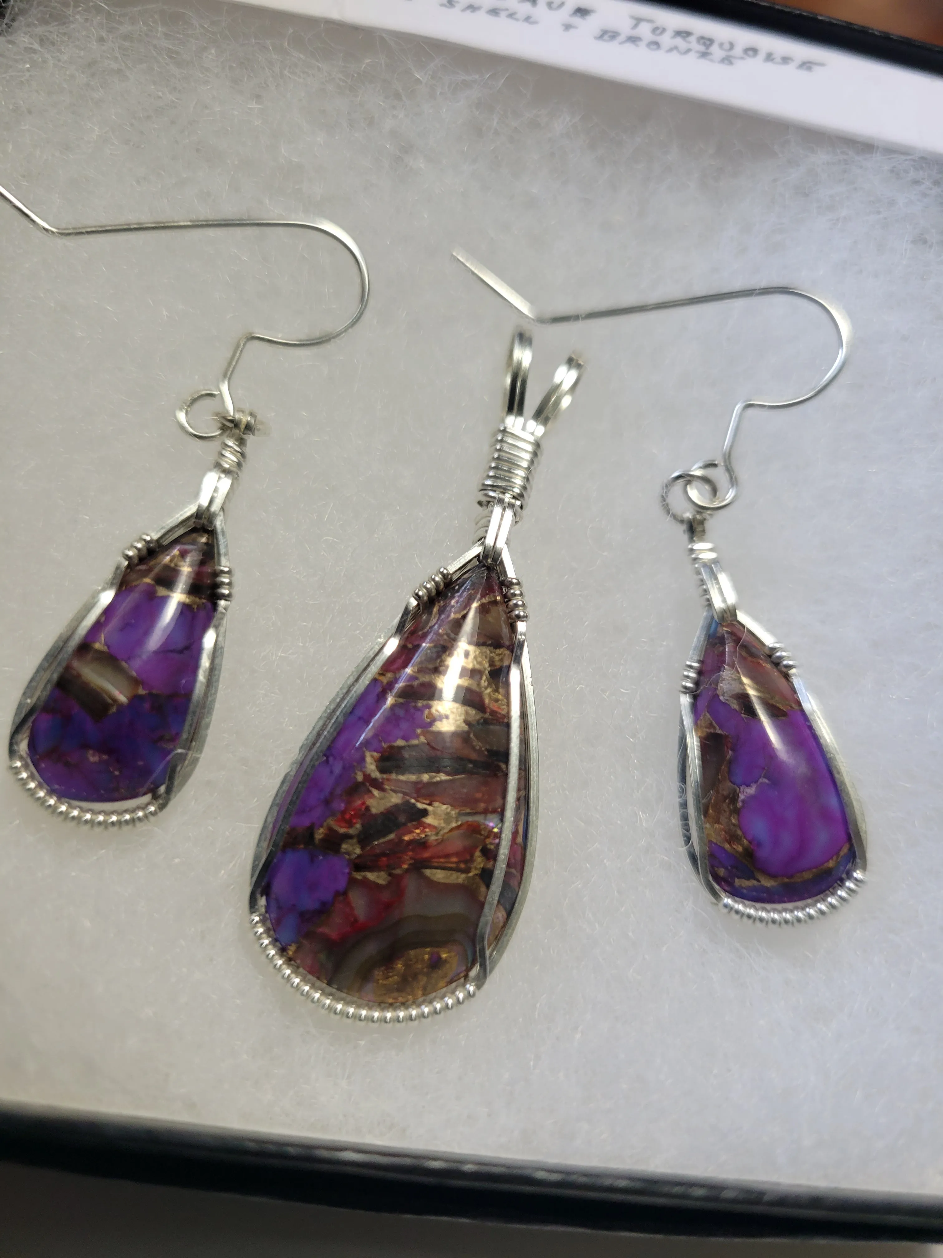 Custom Wire Wrapped Purple Mojave Turquoise Abalone Shell & Bronze Set: Earrings Necklace/Pendant Sterling Silver