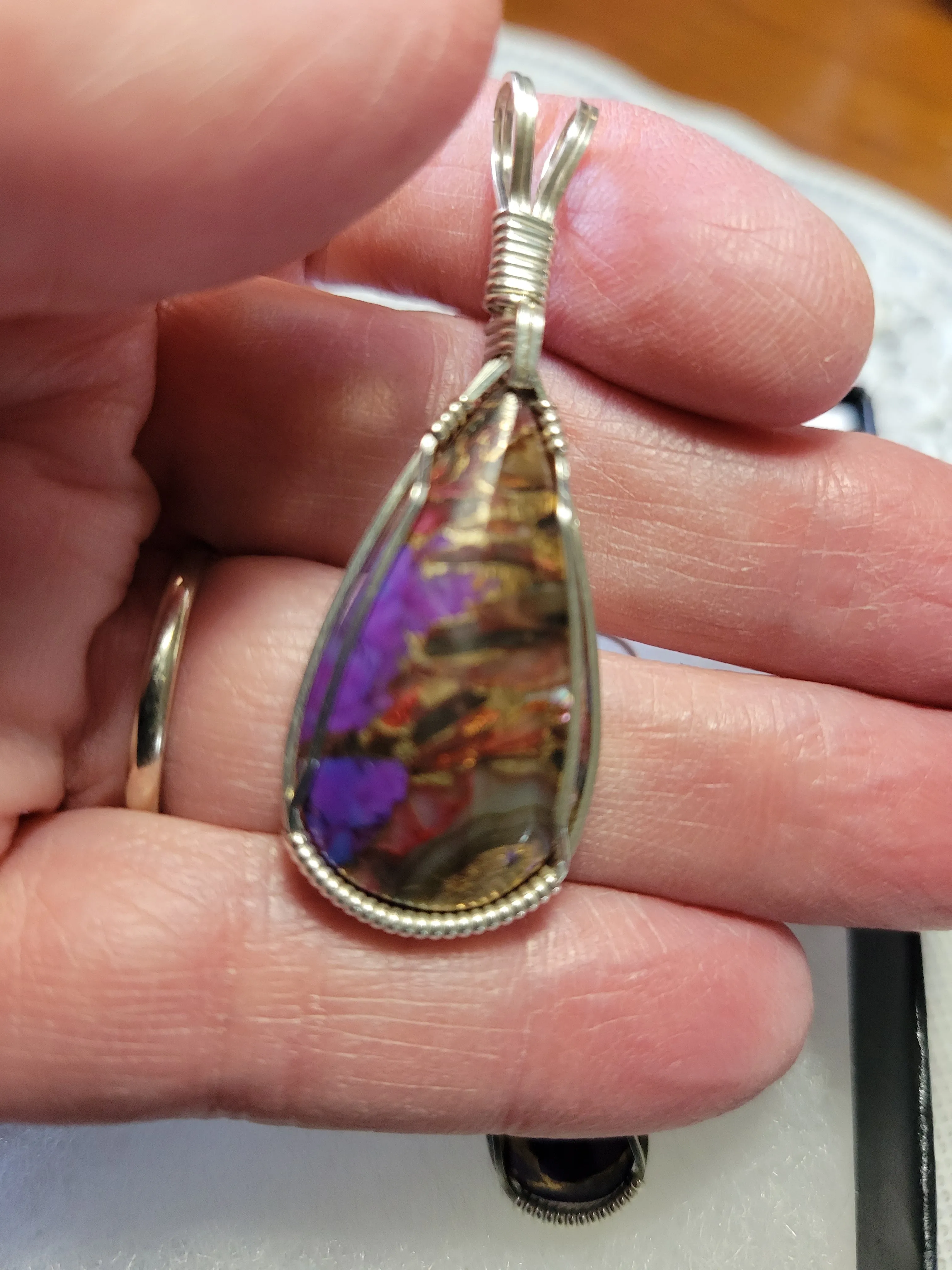 Custom Wire Wrapped Purple Mojave Turquoise Abalone Shell & Bronze Set: Earrings Necklace/Pendant Sterling Silver