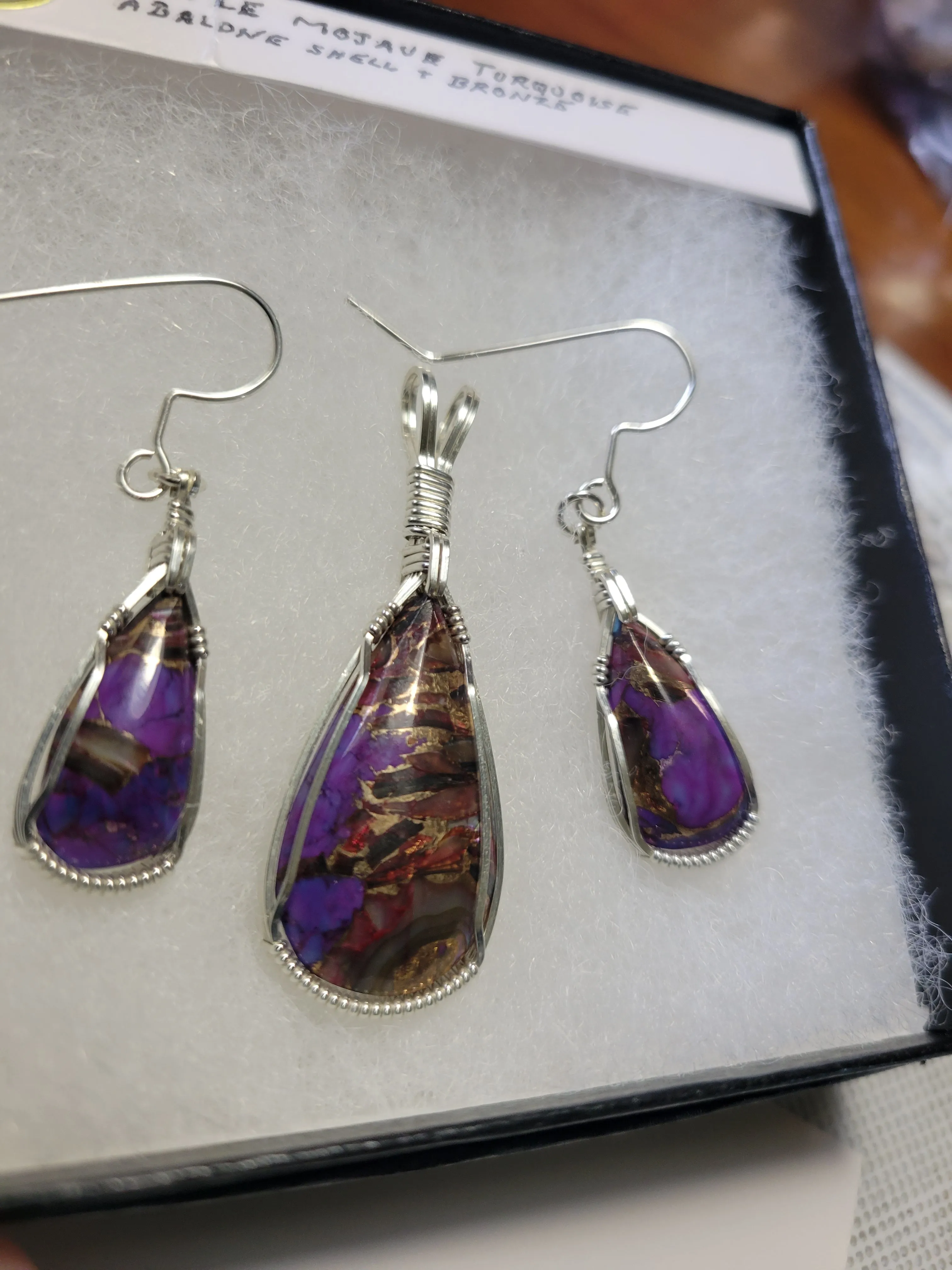 Custom Wire Wrapped Purple Mojave Turquoise Abalone Shell & Bronze Set: Earrings Necklace/Pendant Sterling Silver