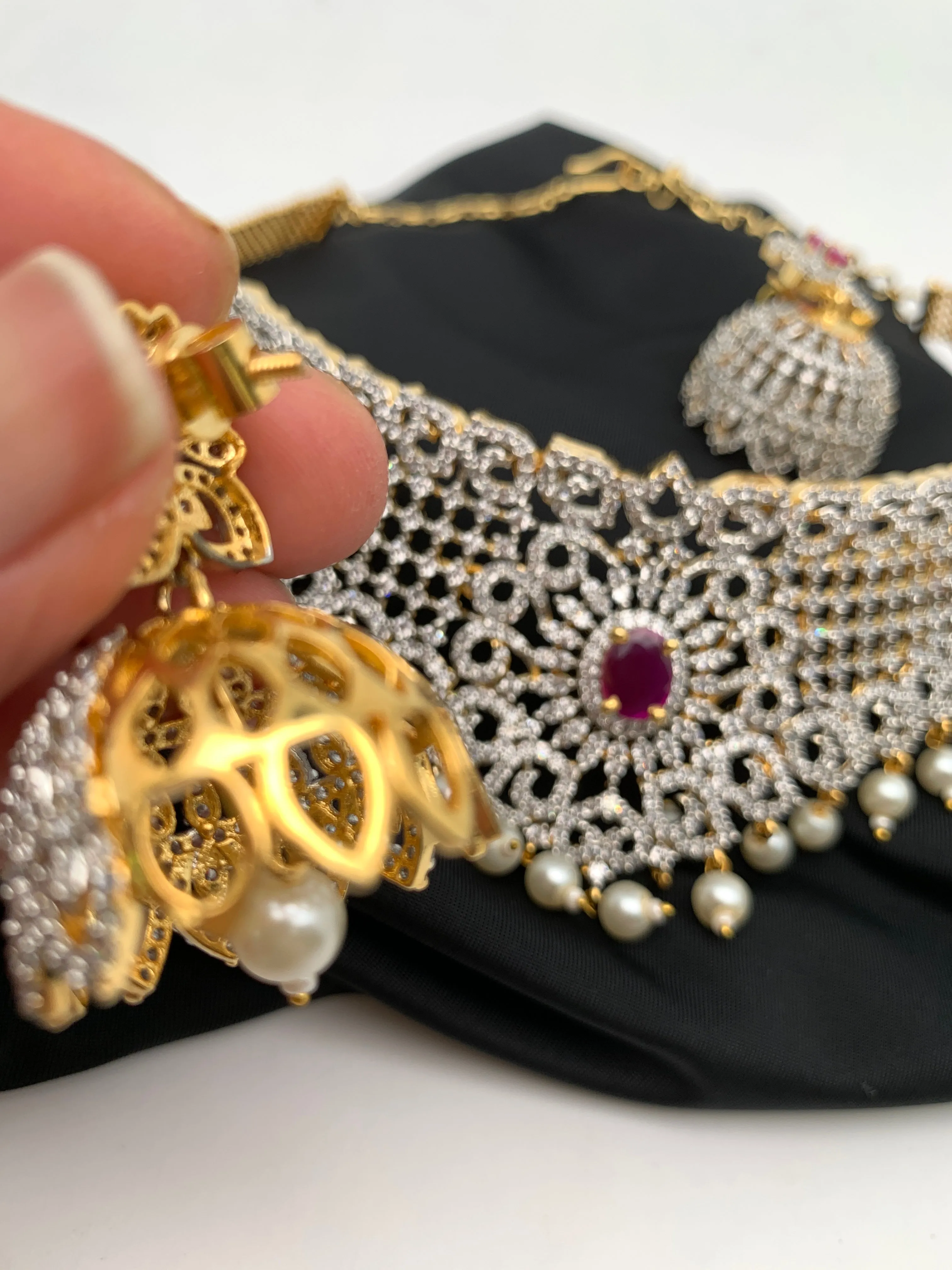 Diamond Finish Ruby and AD Dainty Choker