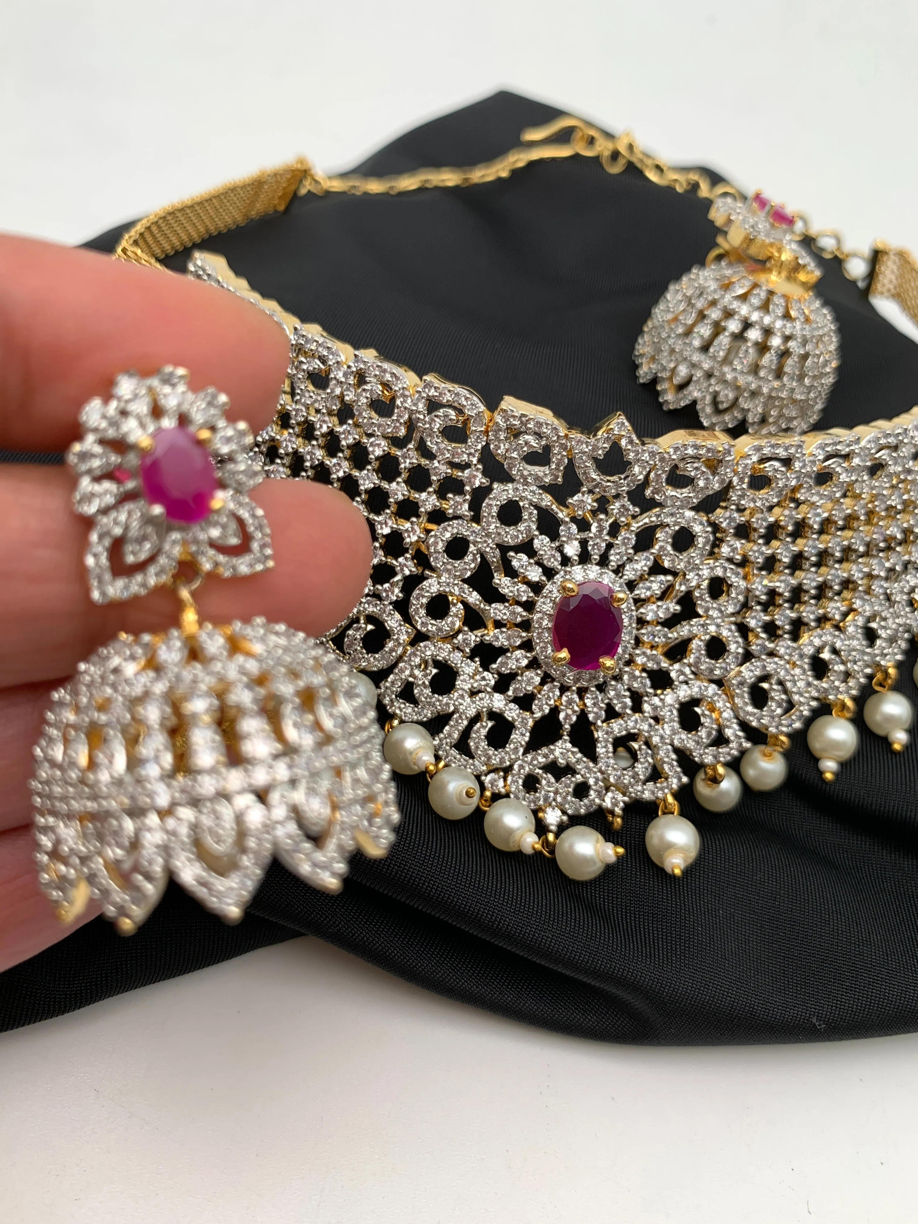 Diamond Finish Ruby and AD Dainty Choker