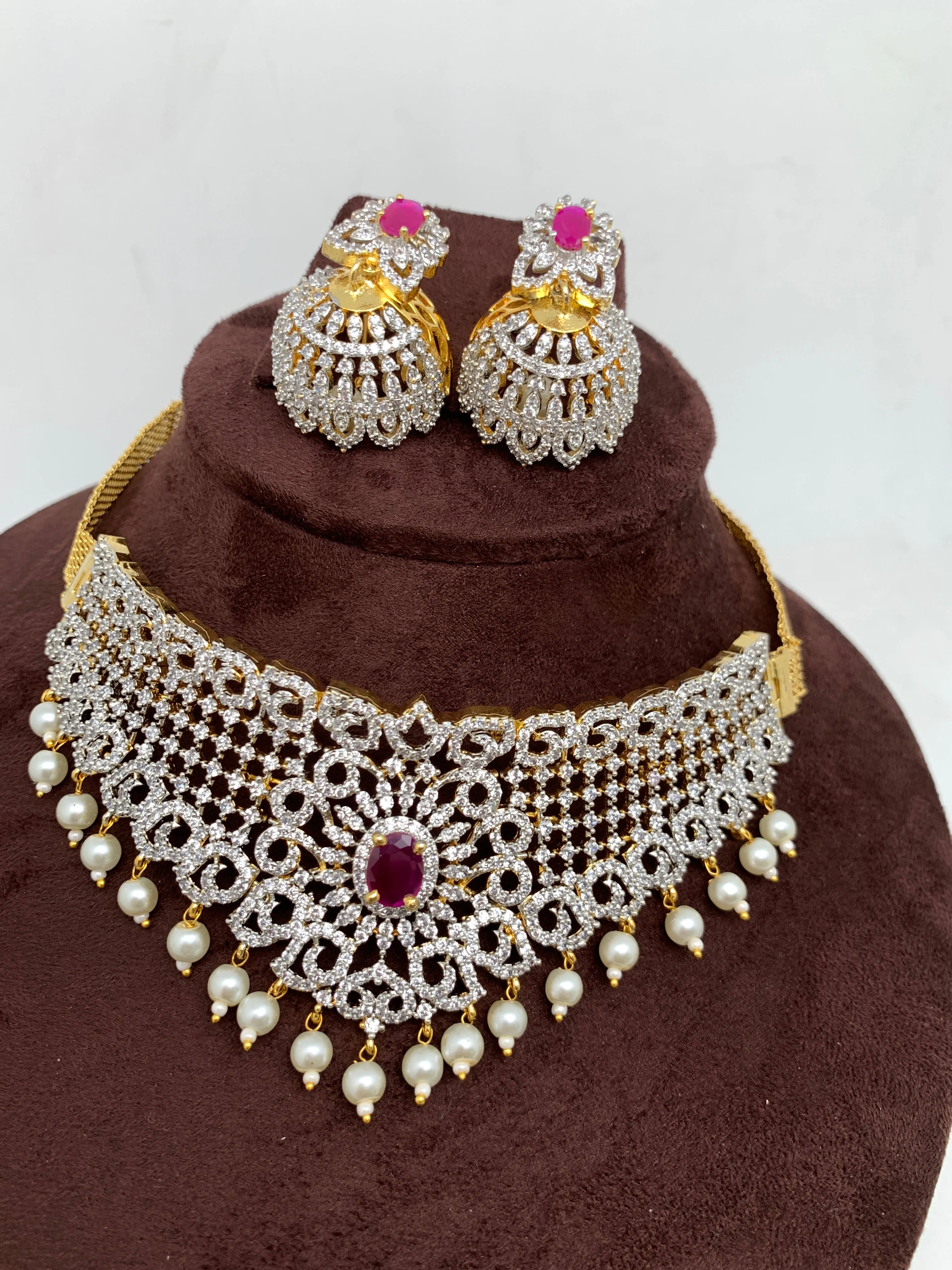 Diamond Finish Ruby and AD Dainty Choker