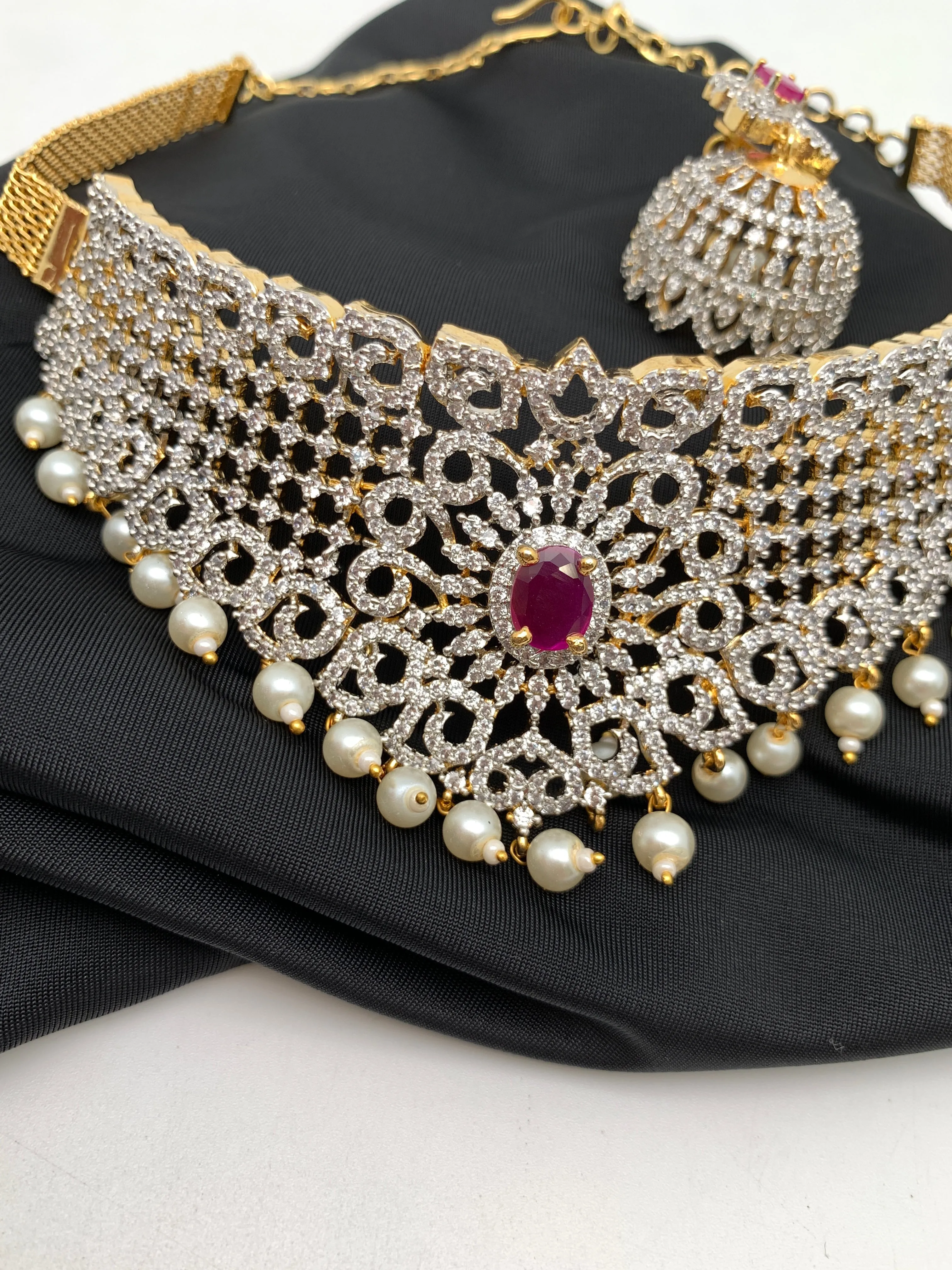 Diamond Finish Ruby and AD Dainty Choker