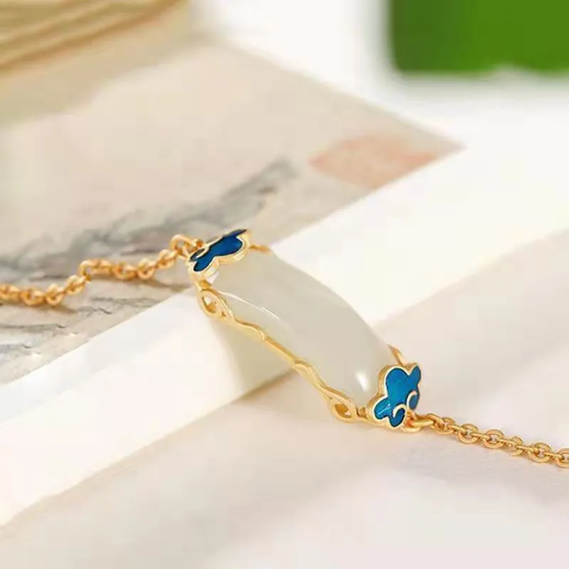 Enamel porcelain craftsmanship inlaid natural Hetian jade square gilt bracelet