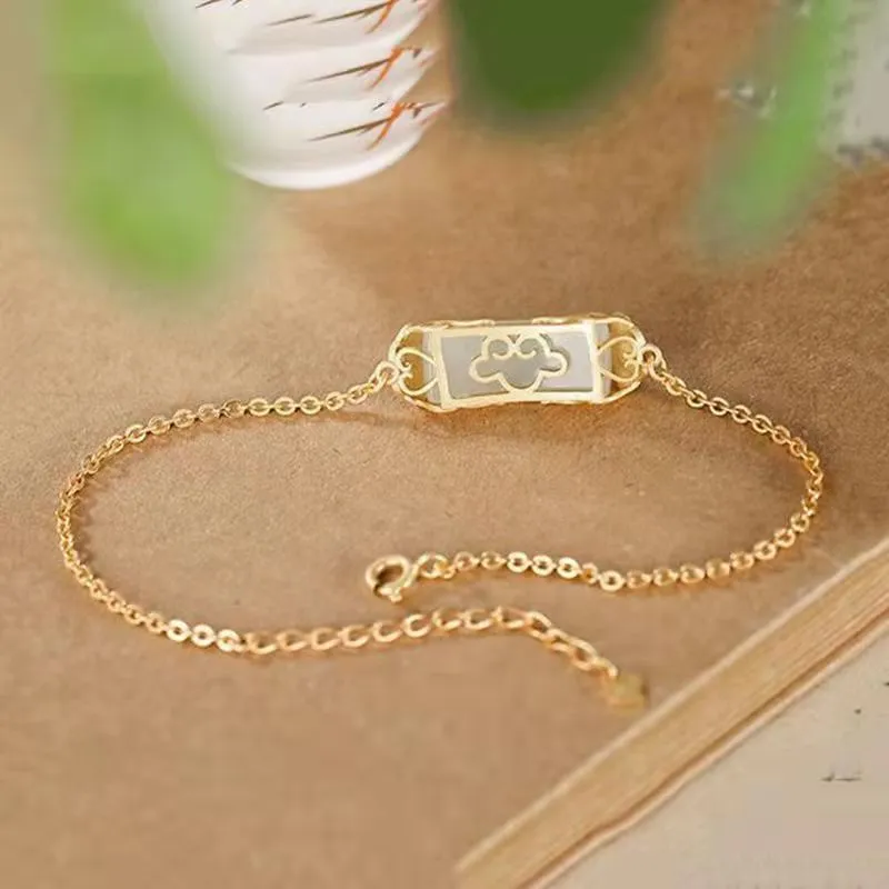 Enamel porcelain craftsmanship inlaid natural Hetian jade square gilt bracelet