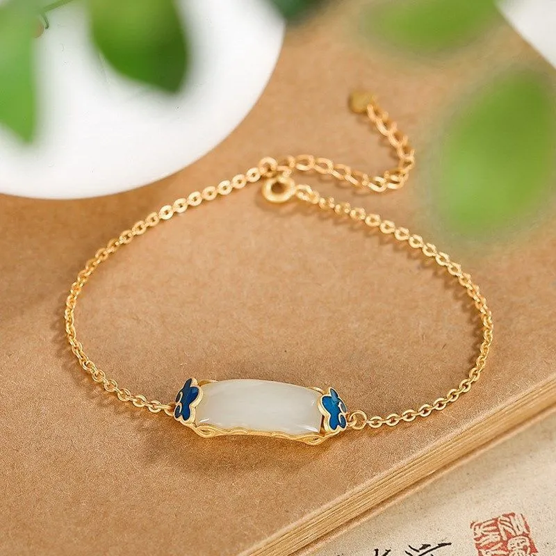 Enamel porcelain craftsmanship inlaid natural Hetian jade square gilt bracelet