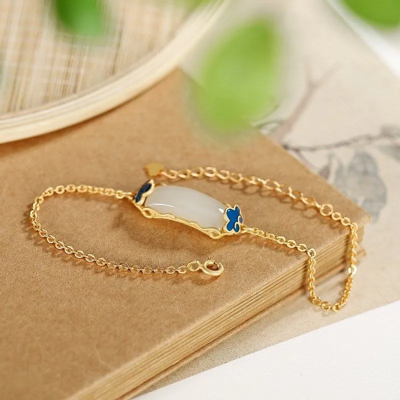 Enamel porcelain craftsmanship inlaid natural Hetian jade square gilt bracelet
