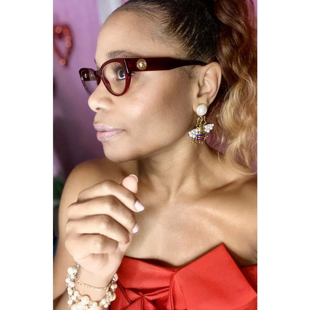 G-Vintage Bee Drop Pearl Earrings