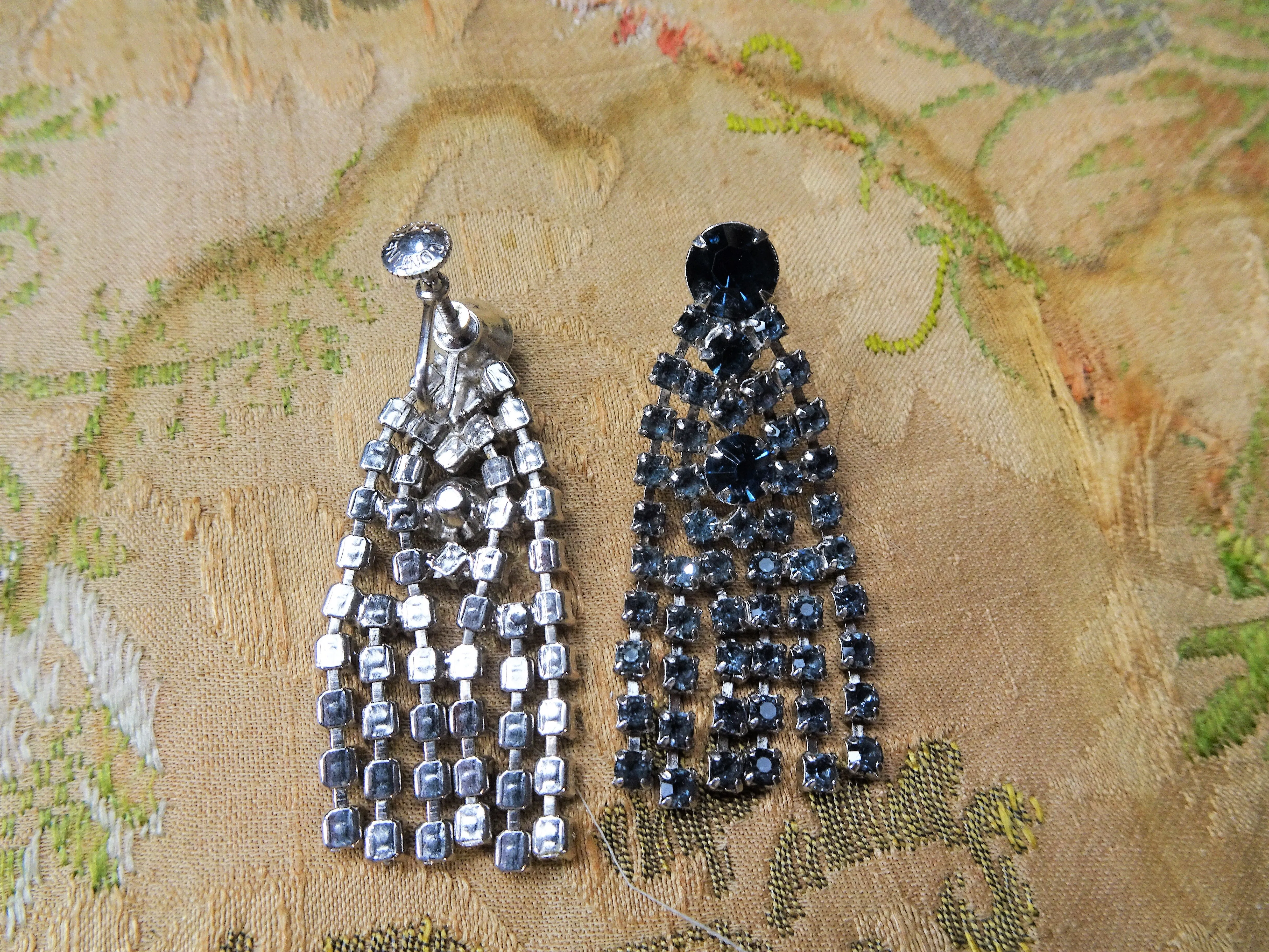 GLAMOROUS Vintage Long Drop Earrings,Blue Sapphire Glass Rhinestones,Signed Vintage Jewelry,Dangling Earrings,Collectible Vintage Jewelry