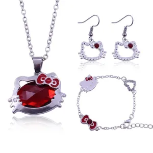Japanese Cute Kitty Pendant Necklace Earrings Bracelet Set