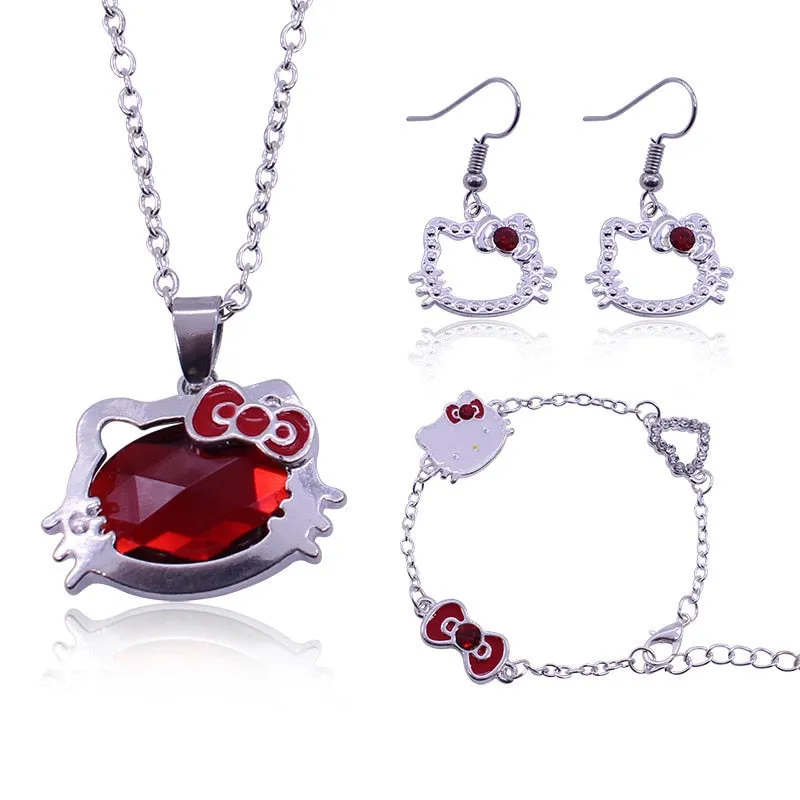 Japanese Cute Kitty Pendant Necklace Earrings Bracelet Set