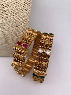 Kundan Red Green Stone Golden Kada Style Bangles