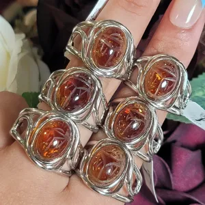 Madeira Citrine Scarab Adjustable Cuff Ring .925 Silver for Abundance, Good Luck and Positivity
