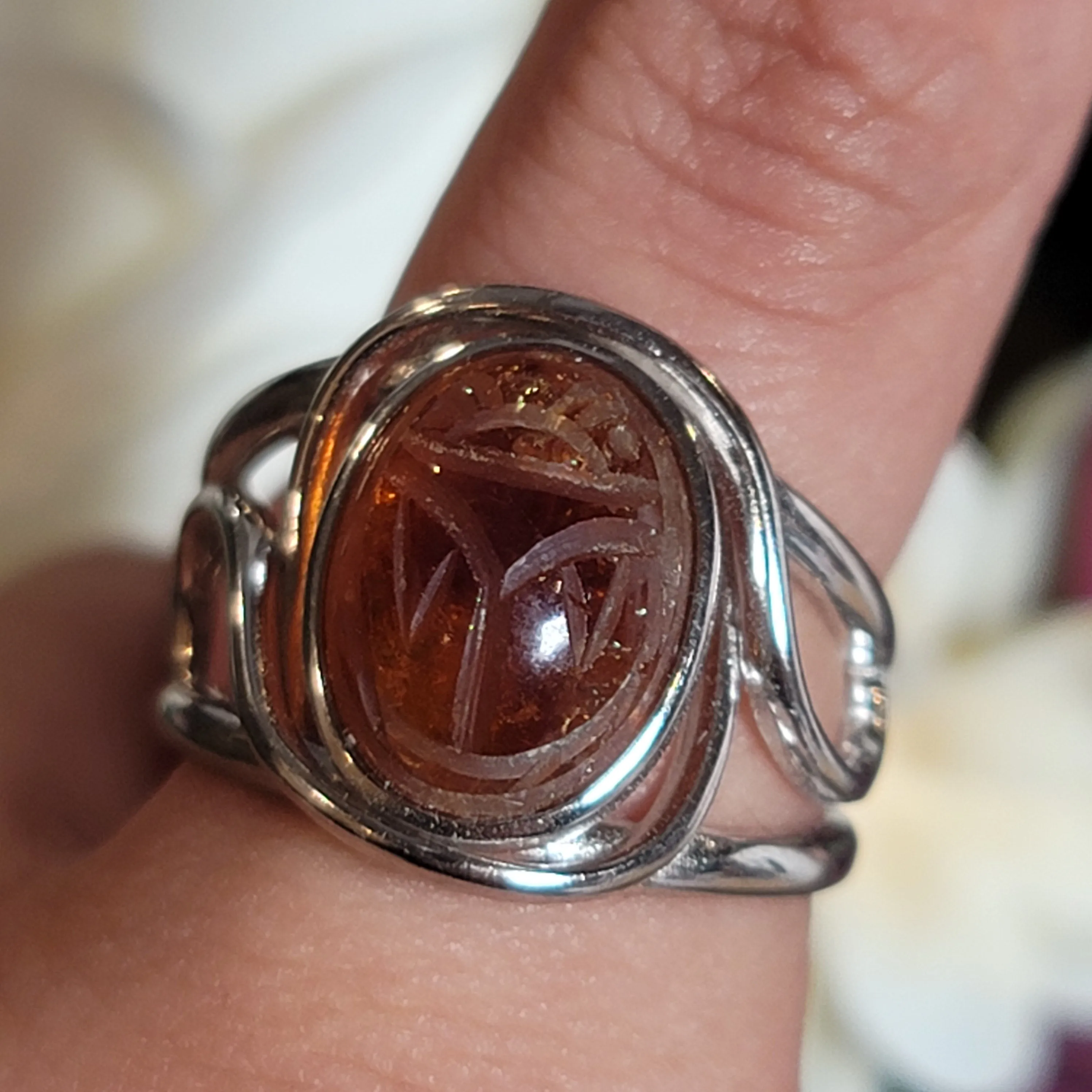 Madeira Citrine Scarab Adjustable Cuff Ring .925 Silver for Abundance, Good Luck and Positivity