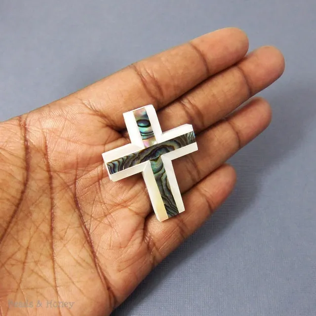Makabibi Shell Cross with Abalone Shell Focal Pendant 40x30mm (1pc)