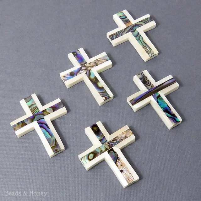 Makabibi Shell Cross with Abalone Shell Focal Pendant 40x30mm (1pc)