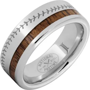 National Pastime Collection Serinium® Ring with Hickory Vintage Baseball Bat Wood Inlay and Baseball Stitch Engraving