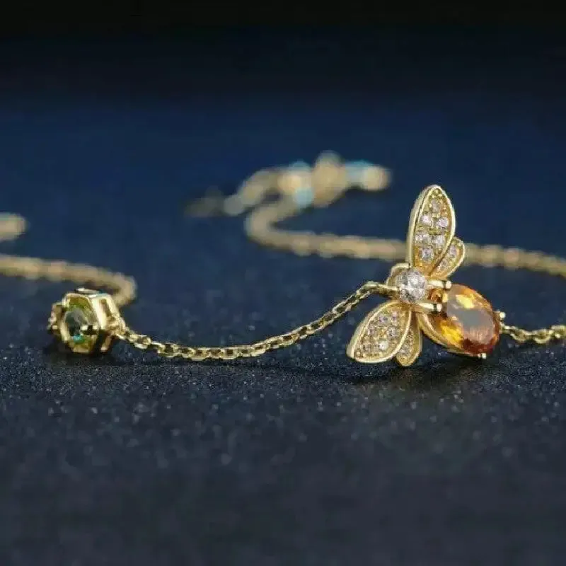 Natural Citrine Crystal Bee Silver Bracelet